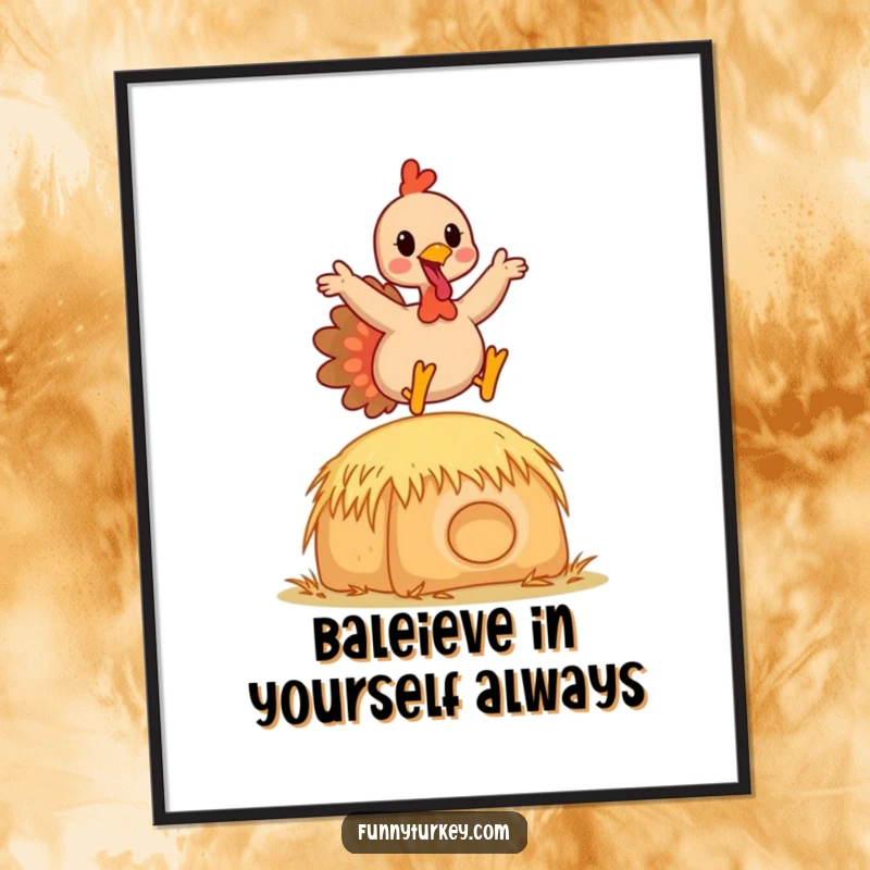 Funny Free Printable Wall Art: A happy Kawaii turkey captured in mid-air, joyfully leaping over a small hay bale with infectious enthusiasm.