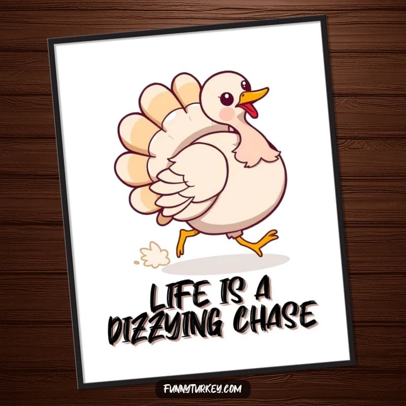 Funny Free Printable Wall Art: A silly turkey is depicted in a comical, dizzying chase after its own fluffy tail.