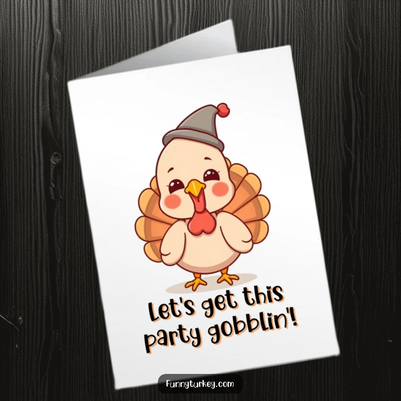Funny Free Printable Turkey Birthday Card giggling while wearing a small funny hat, cute downloadable card.