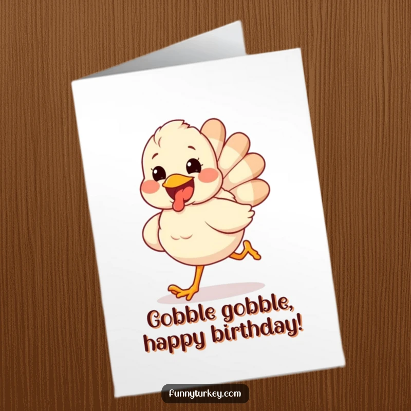Funny Free Printable Birthday Card: A fluffy turkey with a huge, excited grin runs gleefully. Pure birthday happiness.