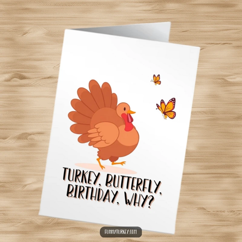 Funny Free Printable Birthday Card: Silhouette turkey joyfully chasing butterfly, perfect for a quirky celebration.