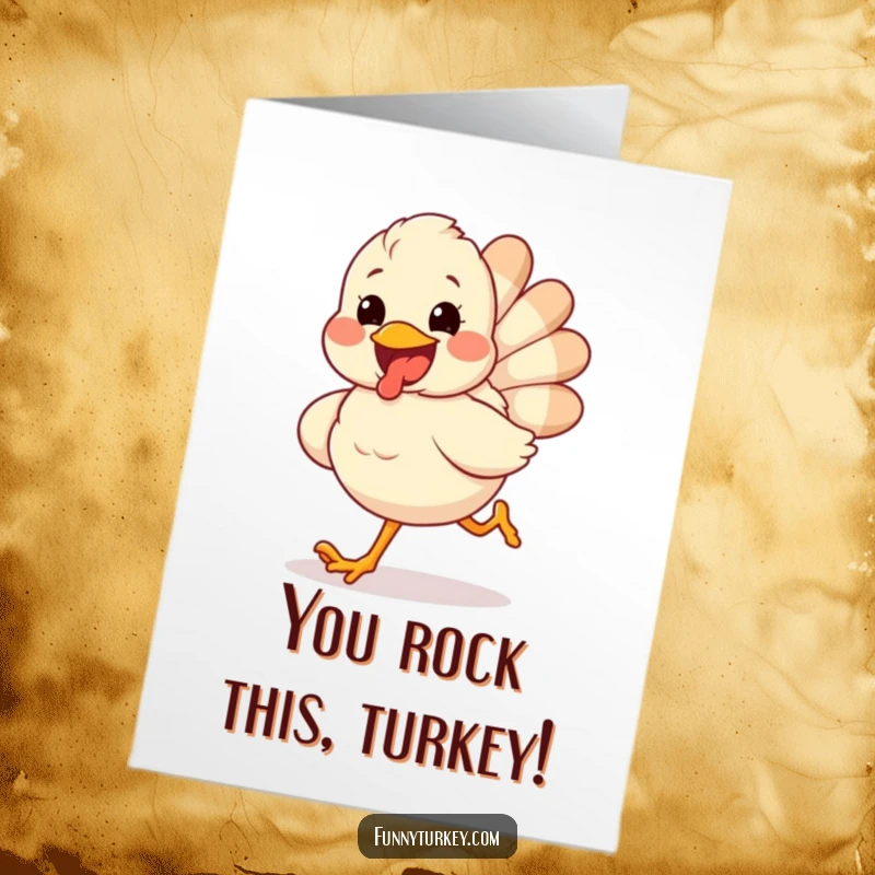Funny Free Printable Congratulations Card: A fluffy turkey with a wide, excited grin runs joyfully. Celebrating success with humor.