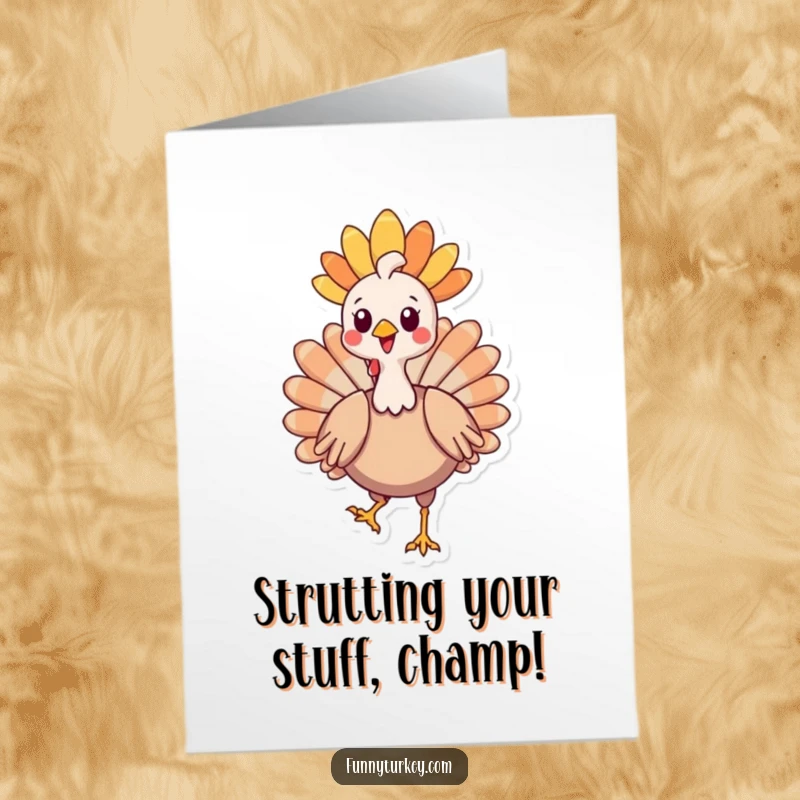 Funny Free Printable Congratulations Card: A delighted Kawaii turkey struts with pride, wearing an impressive feathery headdress to celebrate your success.