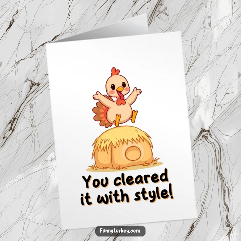 Funny Free Printable Congratulations Card: A happy Kawaii turkey exuberantly leaps over a small hay bale, celebrating your victory with pure joy.