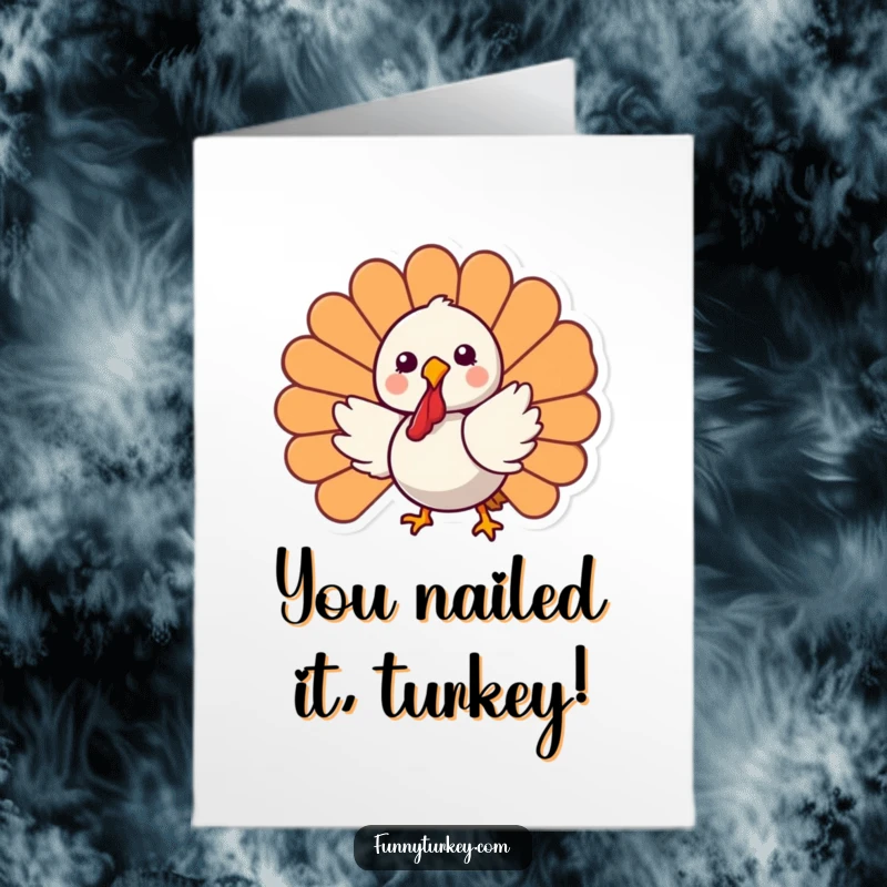 Funny Free Printable Congratulations Card: A giddy Kawaii turkey spinning excitedly, celebrating your success with pure delight.