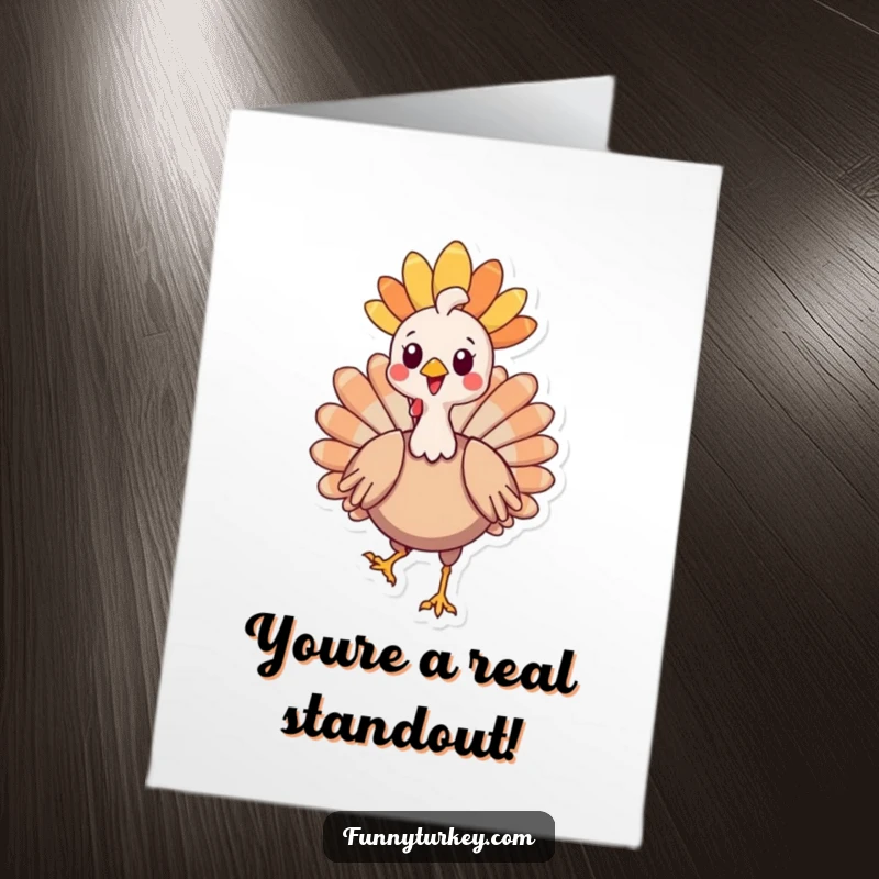 Funny Free Printable Thank You Card: A delighted Kawaii turkey confidently struts, adorned with a spectacular feathery headdress, saying thanks.
