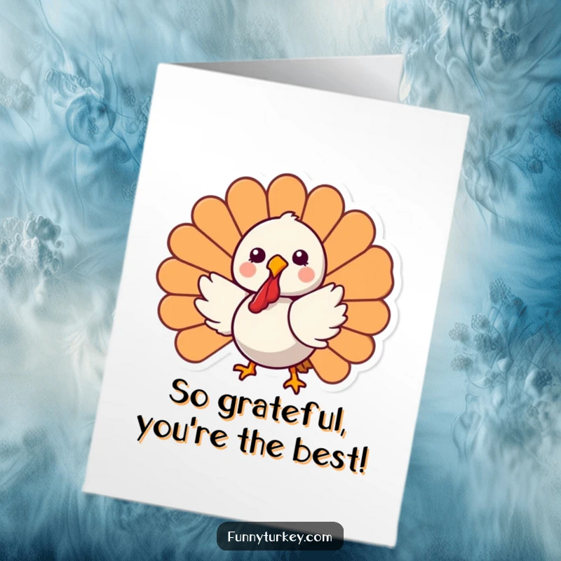 Funny Free Printable Thank You Card: A cheerful Kawaii turkey spinning with glee, expressing gratitude in a hilarious way.
