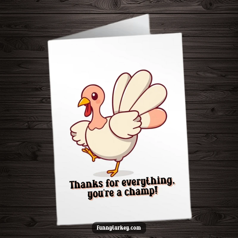 Funny Free Printable Turkey Thank You Card spinning with wings spread, a cute way to express gratitude.
