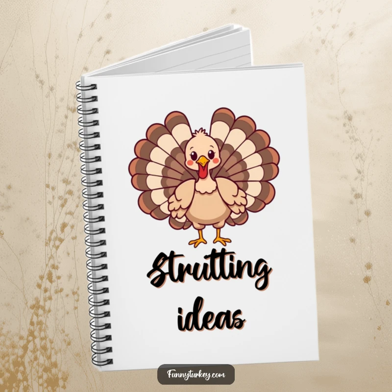Lined notebook featuring a funny cartoon turkey performing an impressive strut on the cover, for all your notes.