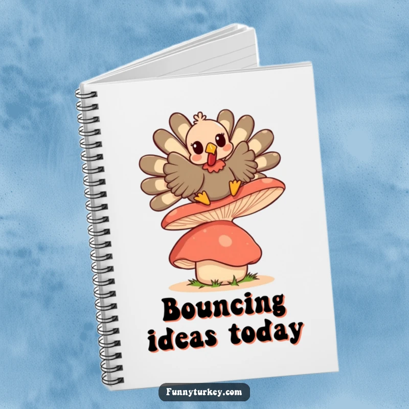 Funny Kawaii Turkey notebook, a cute turkey character joyfully bouncing on a large, wobbly mushroom, for your notes.