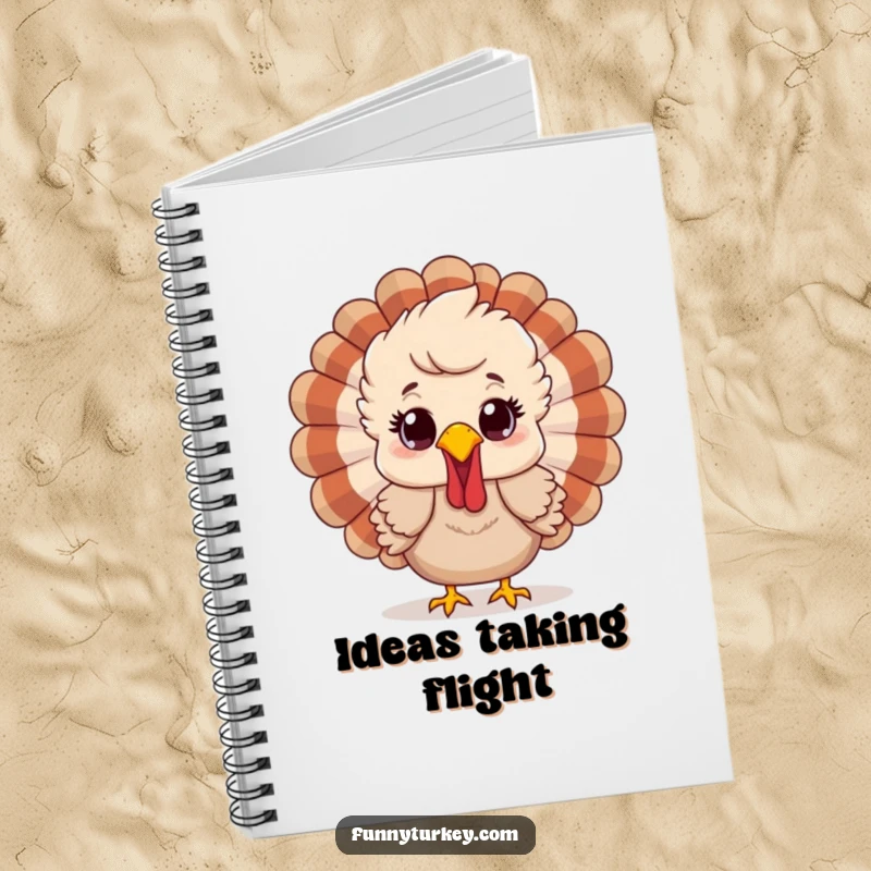 Funny notebook with a cartoon turkey, feathers ruffled and looking happily surprised, ideal for jotting down festive thoughts.