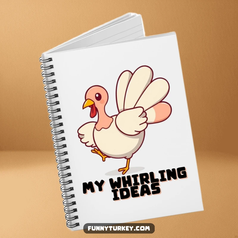 Funny Turkey Notebook: A cute kawaii turkey spins with wings spread, perfect for jotting down festive ideas with humorous charm.