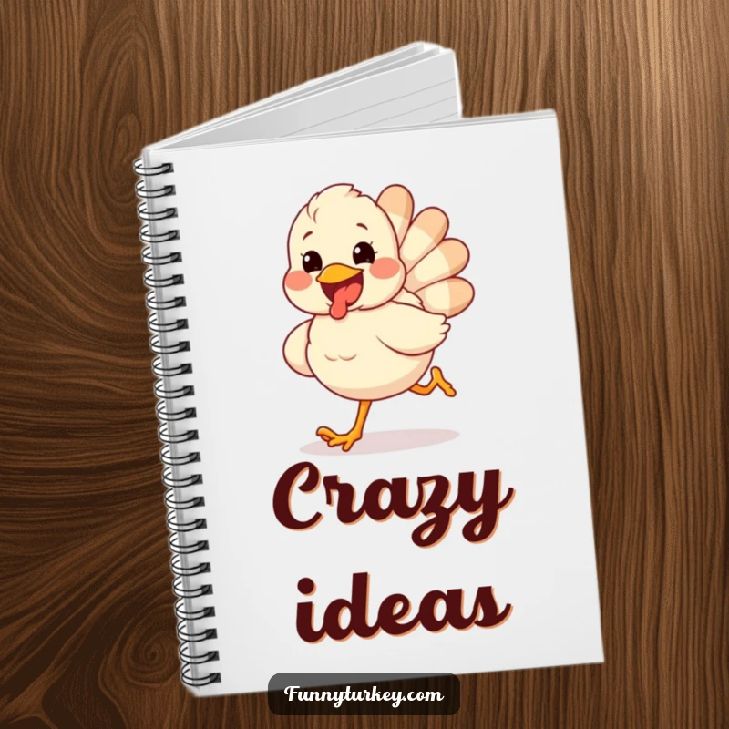 Funny notebook featuring a fluffy turkey running with an excited grin, perfect for journaling holiday plans and notes.