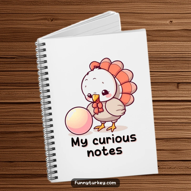 Funny Turkey Notebook: A playful kawaii turkey pecks curiously at a shiny bouncing ball, perfect for jotting down ideas with humorous flair.