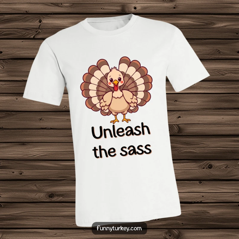 Vibrant t-shirt displaying a funny cartoon turkey in a proud, wings-spread strut, exuding comical confidence.