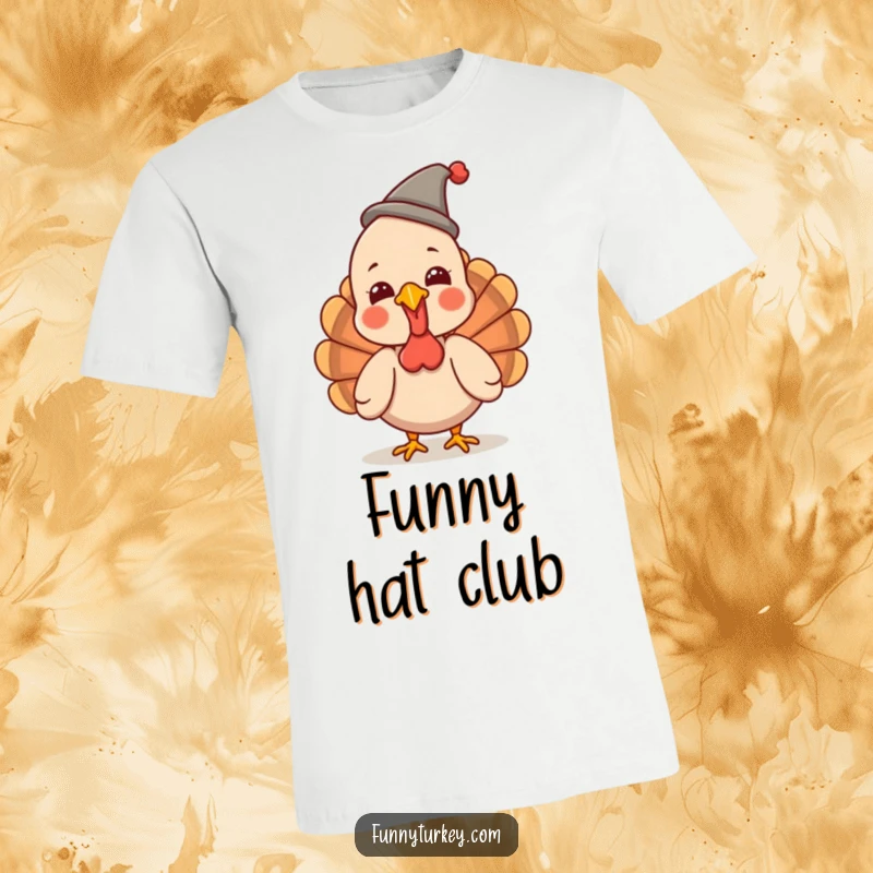 Funny Giggling Turkey T-Shirt: A kawaii turkey giggles heartily wearing a small, funny hat, showcasing a joyful and humorous spirit.