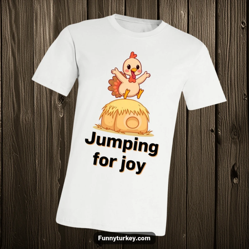 Funny Kawaii Turkey T-Shirt showing a happy cartoon turkey mid-leap over a hay bale, ideal for autumn humor.