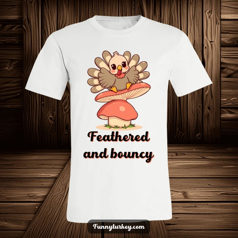 Funny Kawaii Turkey t-shirt, a cute turkey character gleefully bouncing high on a large, unstable mushroom.