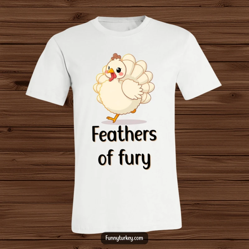Funny Kawaii Turkey T-Shirt: Fluffy bird doing a happy trot, tail feathers fanned, radiating pure, funny delight.