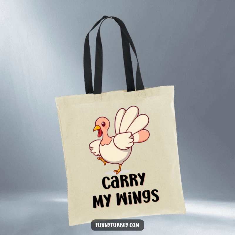 Funny Turkey Tote Bag: A cute kawaii turkey spins with spread wings, perfect for carrying holiday items with humorous festive flair.