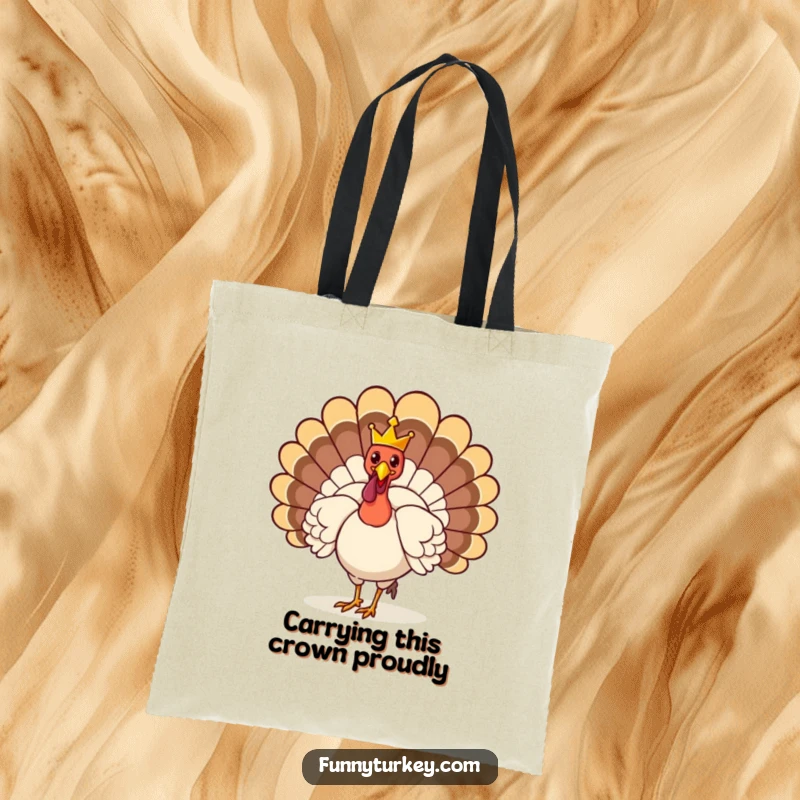 Funny Tote Bag: A proud turkey wears a small crown, strutting humorously, ideal for a funny and practical accessory.