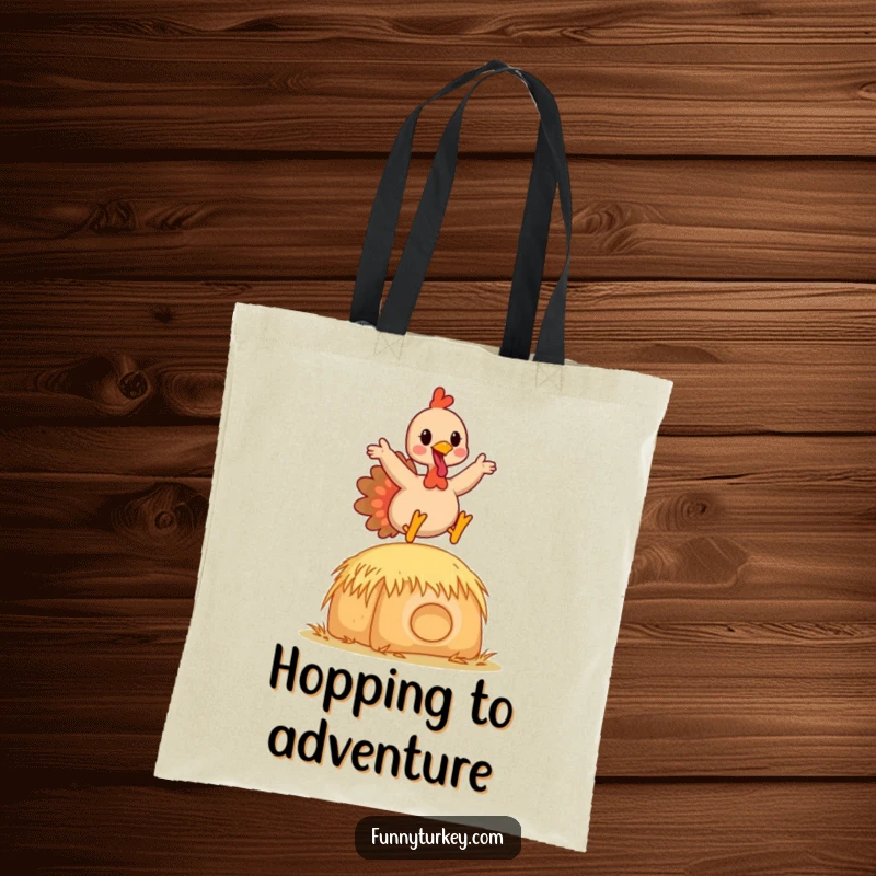 Funny Kawaii Turkey Tote Bag with a happy cartoon turkey leaping over a hay bale, ideal for humorous shopping and outings.