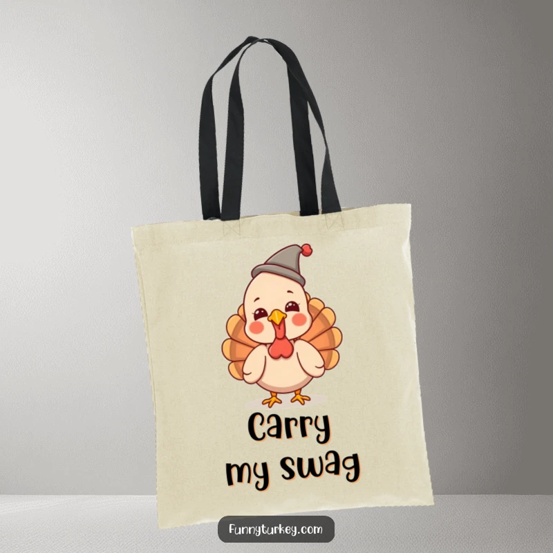 Funny Turkey Tote Bag: A kawaii turkey giggles wearing a small, funny hat, perfect for carrying items with humorous flair.