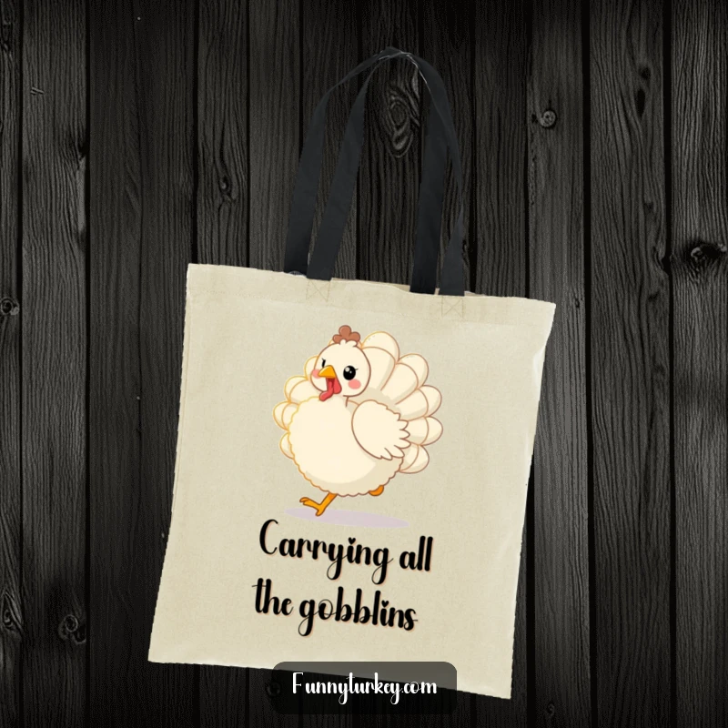 Funny Kawaii Turkey Tote Bag: Durable and cute, featuring a fluffy bird trotting joyfully with fanned tail feathers, a funny accessory.