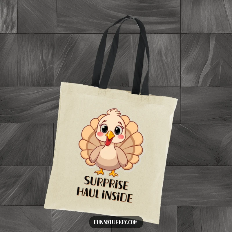 Durable tote bag featuring a funny turkey wide-eyed with surprise, perfect for shopping and carrying.